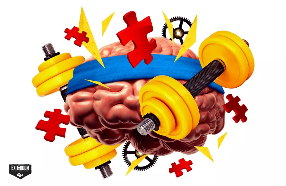 Gehirn mit Stirnband hebt Hanteln umgeben von Puzzleteilen und Blitzen